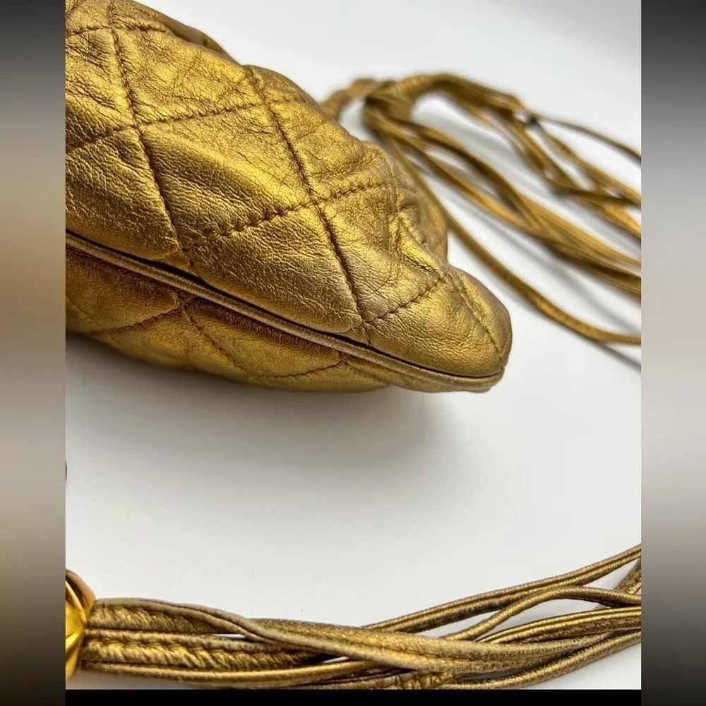 Chanel Quilted Vintage Rare Gold Bronze Waist Pouch bag Tie Fringe sling